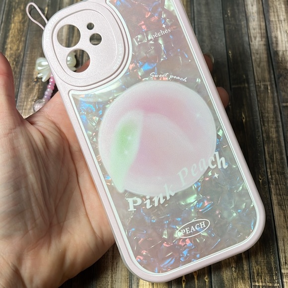5for$10 Pink Peach Holographic Pink IPhone 12 Phone Case With Beaded Wristlet - Picture 4 of 6